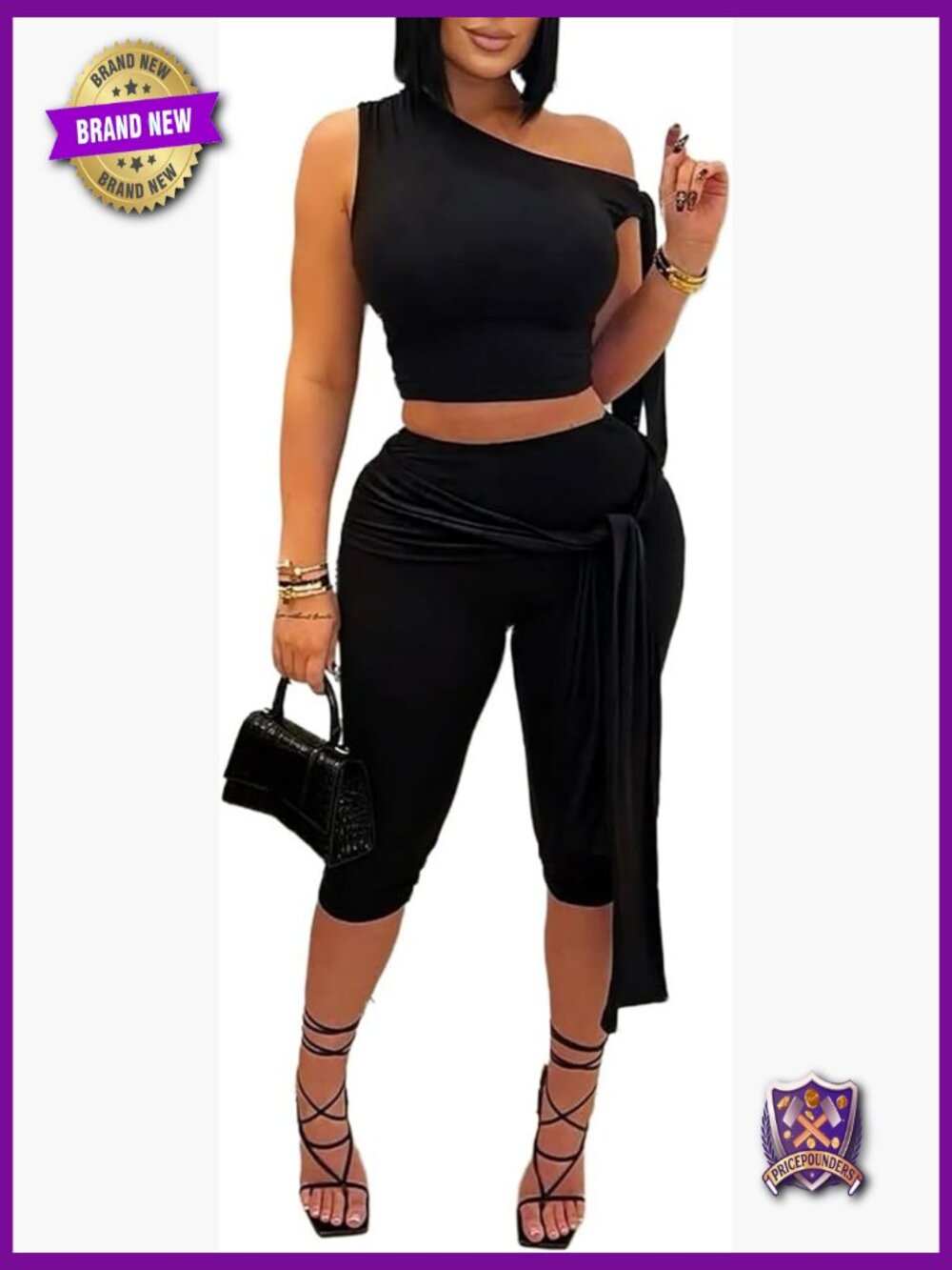 Women's Sleeveless One Shoulder Crop Top & Capri Pants Set
